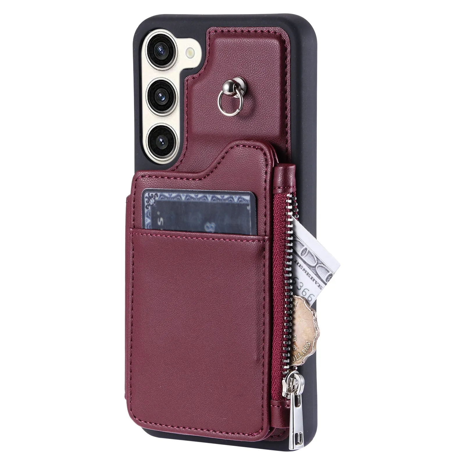 009 Zipper Wallet Case for Samsung Galaxy S23  , RFID Blocking PU Leather Coated TPU Kickstand Phone Cover with Straps