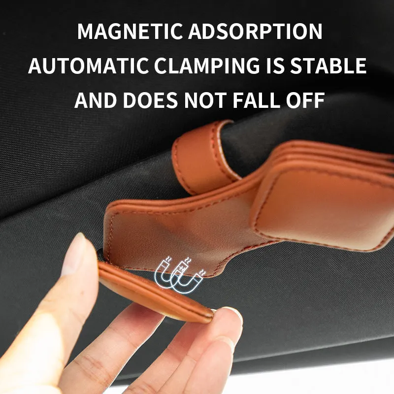 2 Pcs Black Car Sun Visor Glasses Holder Clip with Dual Magnetic Clamps | PU Leather | Anti-Slip | Multi-Functional Storage