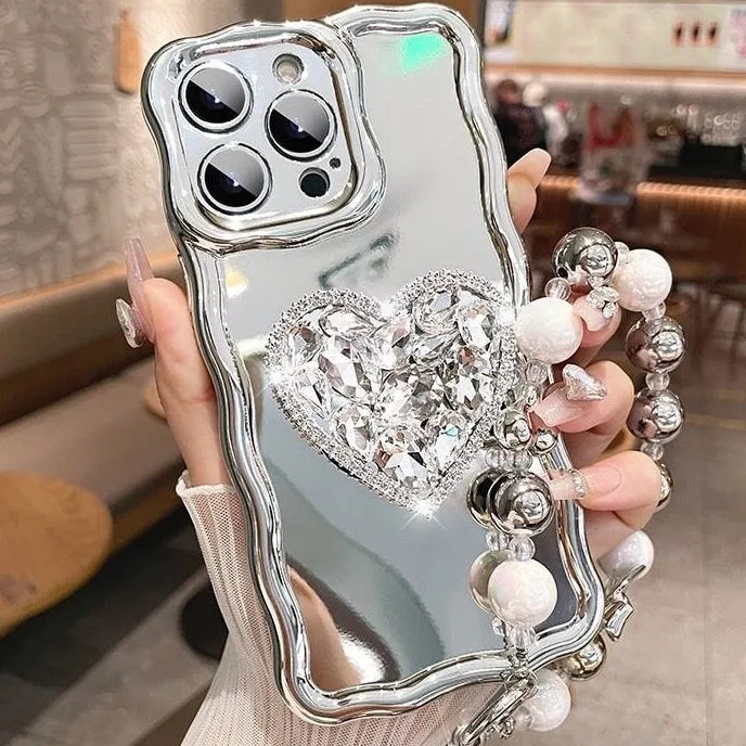 Cute Bling Electroplated   Rhinestone Gem Heart Stand   Chain Strap Protective Shockproof Phone Case iPhone X XS XR 11 12 13 14 Pro Max