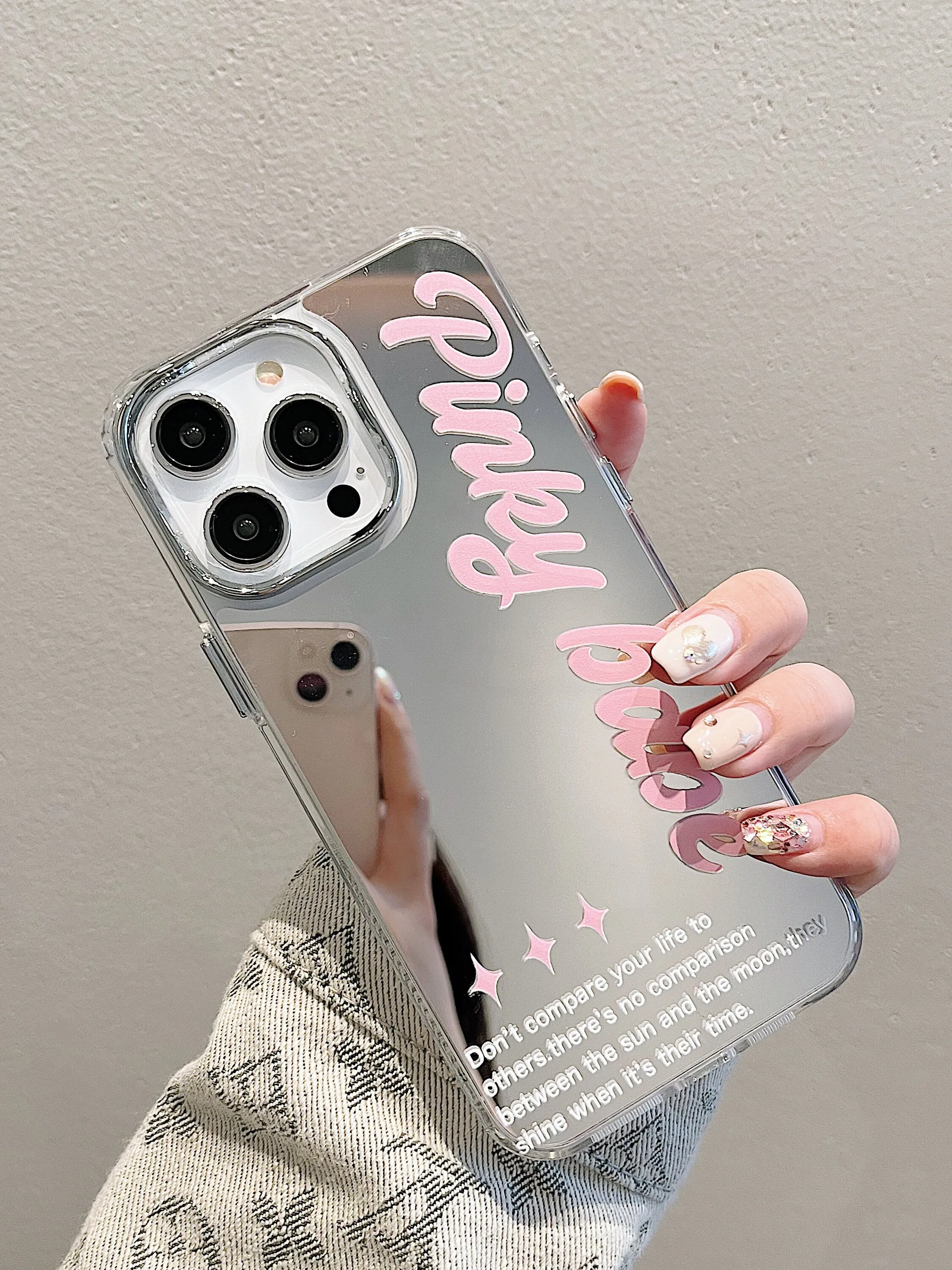 Cute Electroplated Mirror Inspirational Words   Silver Pearl Strap Protective Shockproof Phone Case for iPhone 11 12 13 14 15 Pro Max Case