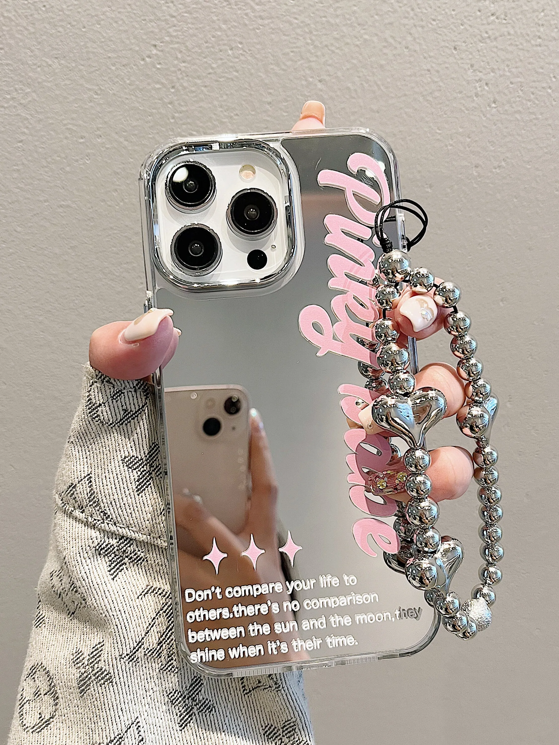 Cute Electroplated Mirror Inspirational Words   Silver Pearl Strap Protective Shockproof Phone Case for iPhone 11 12 13 14 15 Pro Max Case
