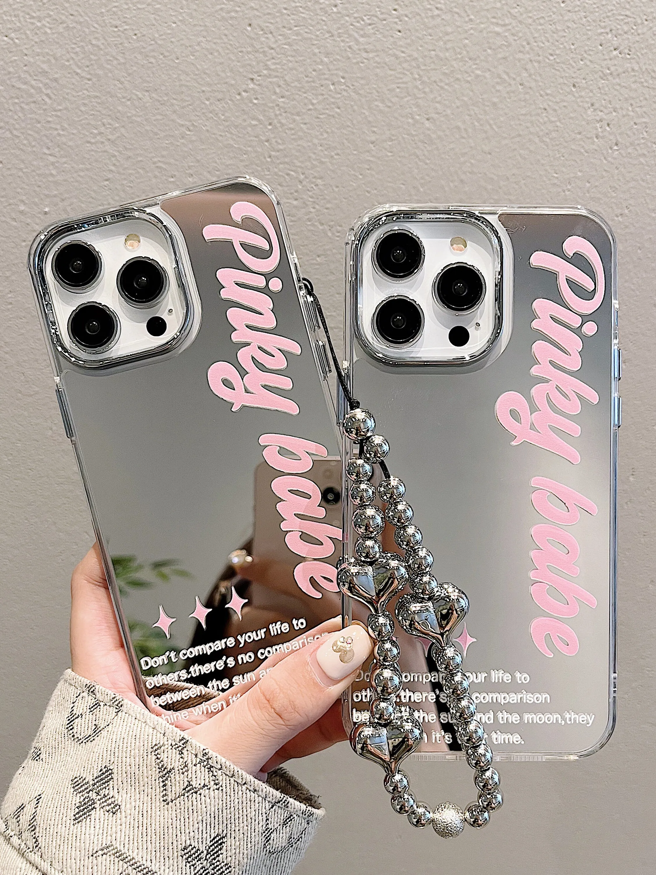 Cute Electroplated Mirror Inspirational Words   Silver Pearl Strap Protective Shockproof Phone Case for iPhone 11 12 13 14 15 Pro Max Case