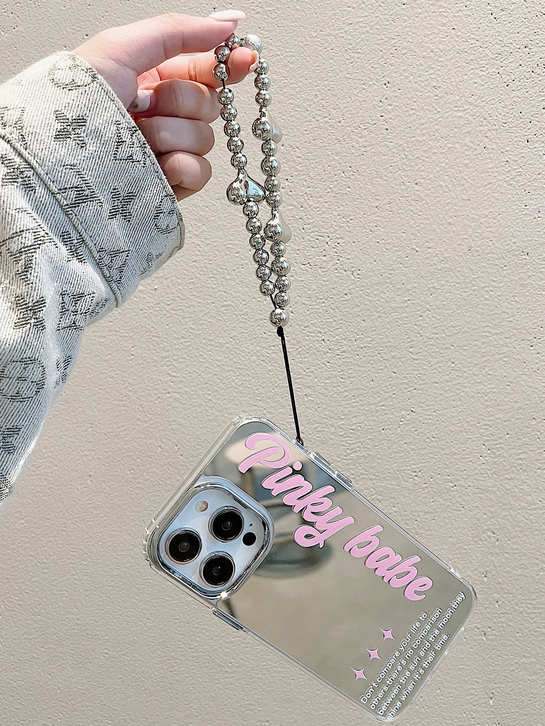 Cute Electroplated Mirror Inspirational Words   Silver Pearl Strap Protective Shockproof Phone Case for iPhone 11 12 13 14 15 Pro Max Case