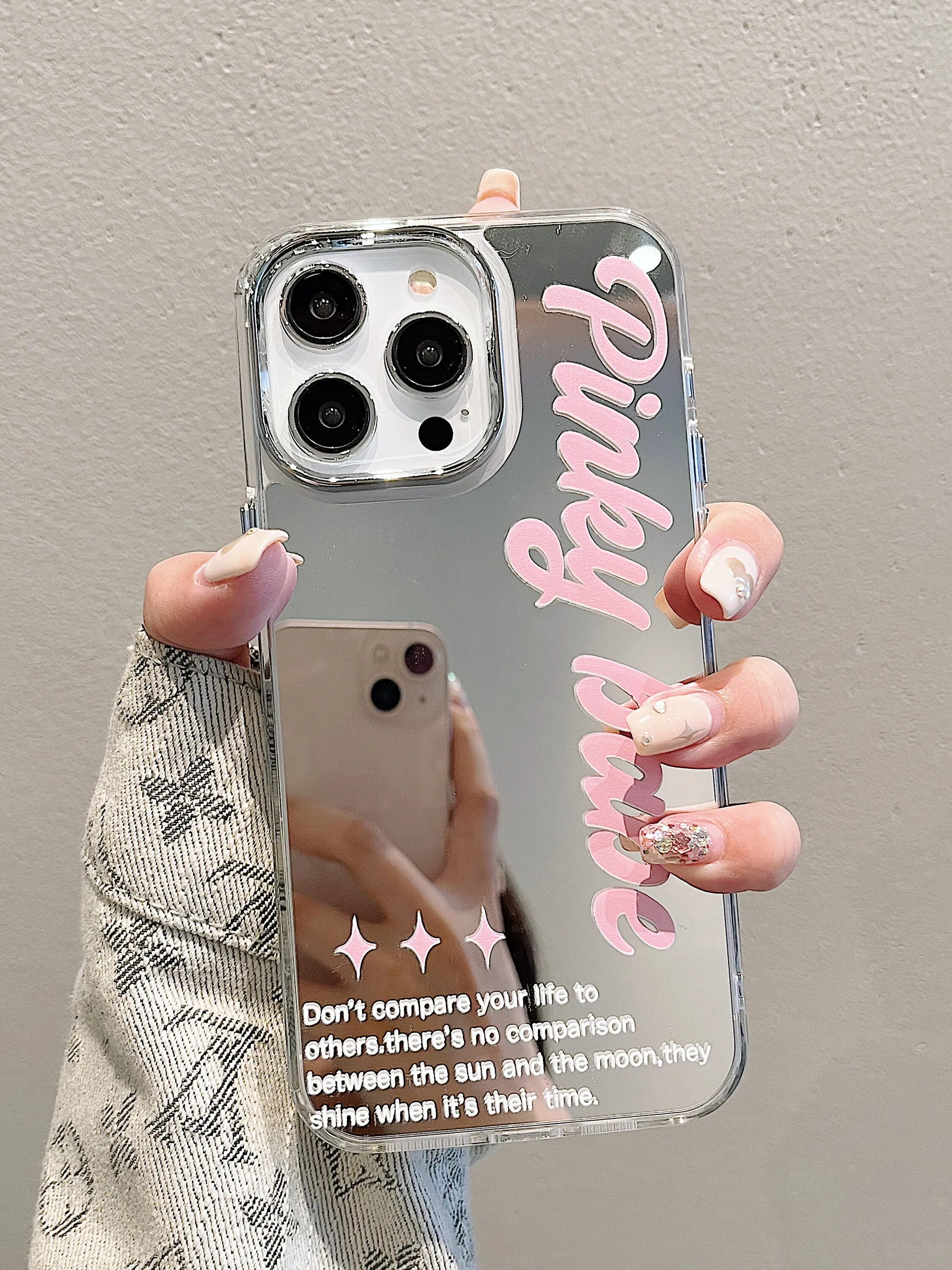 Cute Electroplated Mirror Inspirational Words   Silver Pearl Strap Protective Shockproof Phone Case for iPhone 11 12 13 14 15 Pro Max Case