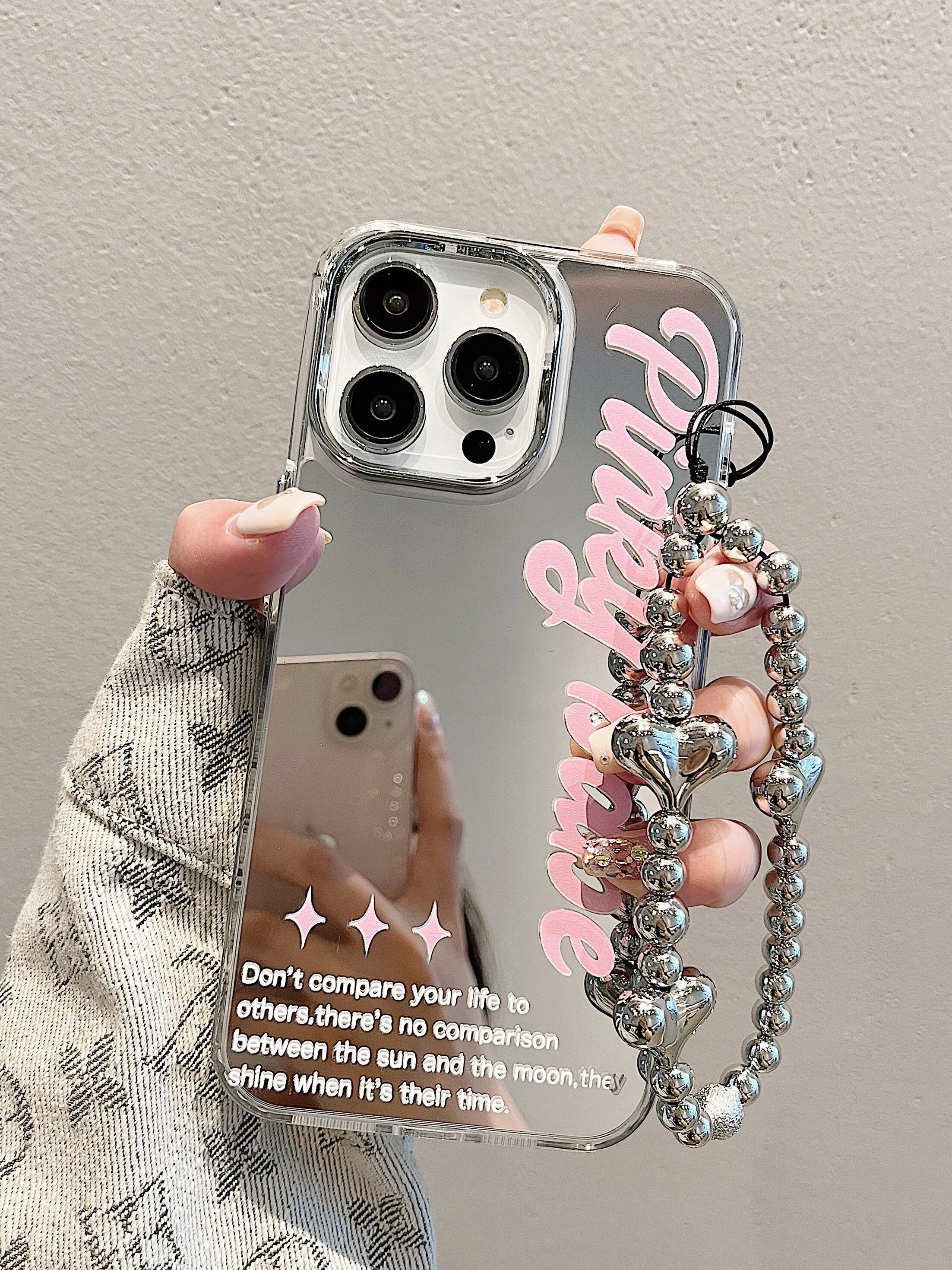 Cute Electroplated Mirror Inspirational Words   Silver Pearl Strap Protective Shockproof Phone Case for iPhone 11 12 13 14 15 Pro Max Case
