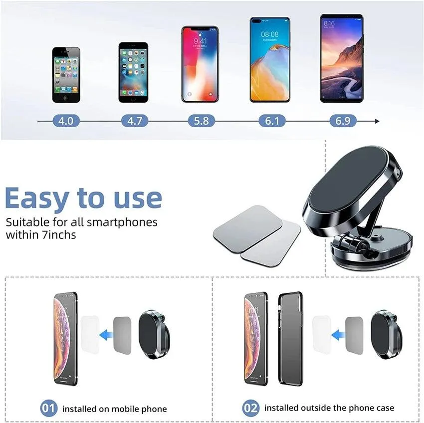 Foldable Universal Rotate Metal Magnetic Car Phone Holder - Air Vent Magnet Mount GPS Support