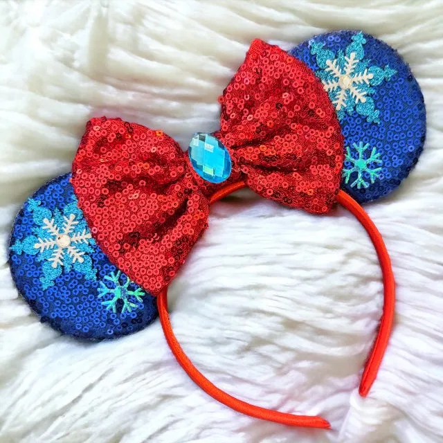 Frozen Inspired Mouse Ears Headband with Blue Sequin Bow - Elsa & Anna Design