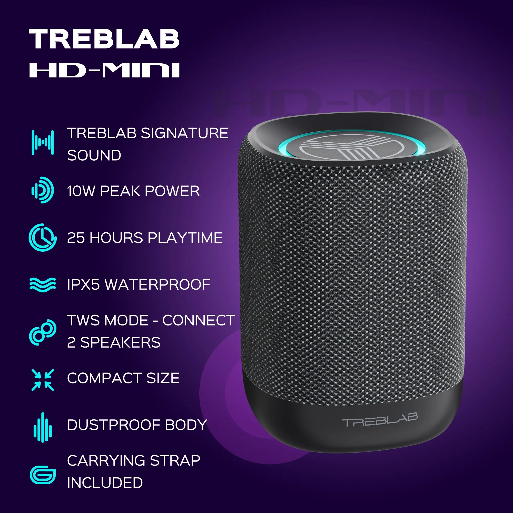 TREBLAB HD-Mini - Small Bluetooth Speaker, 25H Playtime, TWS Dual Pairing, 10W Portable Speakers with TF Card/ USB Slot, RGB Lights, IPX5 Waterproof Speaker, Wireless Speaker for Home, Office, Outdoor